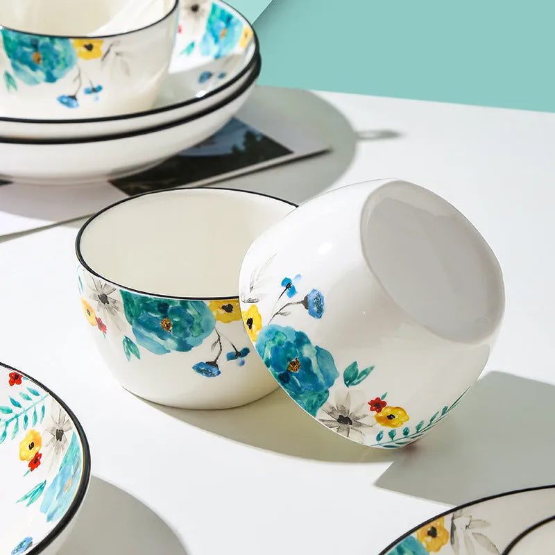 Flower In Ink bone china 22-piece tableware set with bowls, spoons, plates, large bowl, and spoon
