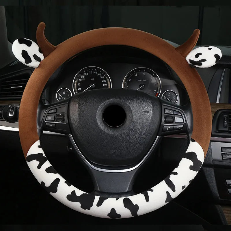Short plush automotive steering wheel cover in 38cm size with protective handle