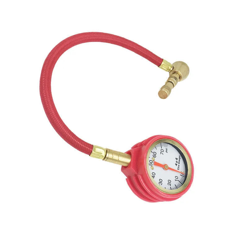 Red mechanical tyre pressure gauge with deflation valve for vehicle maintenance