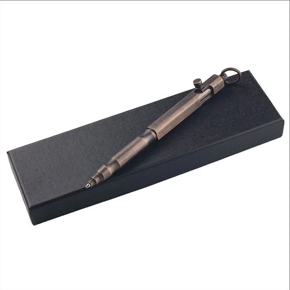 Brass hexagonal tactical pen in natural brass and retro black colours on a black gift box.