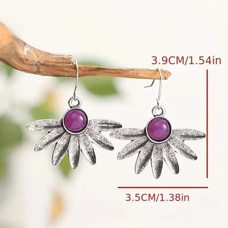 Purple resin gemstone drop earrings with retro bohemian animal design on alloy base