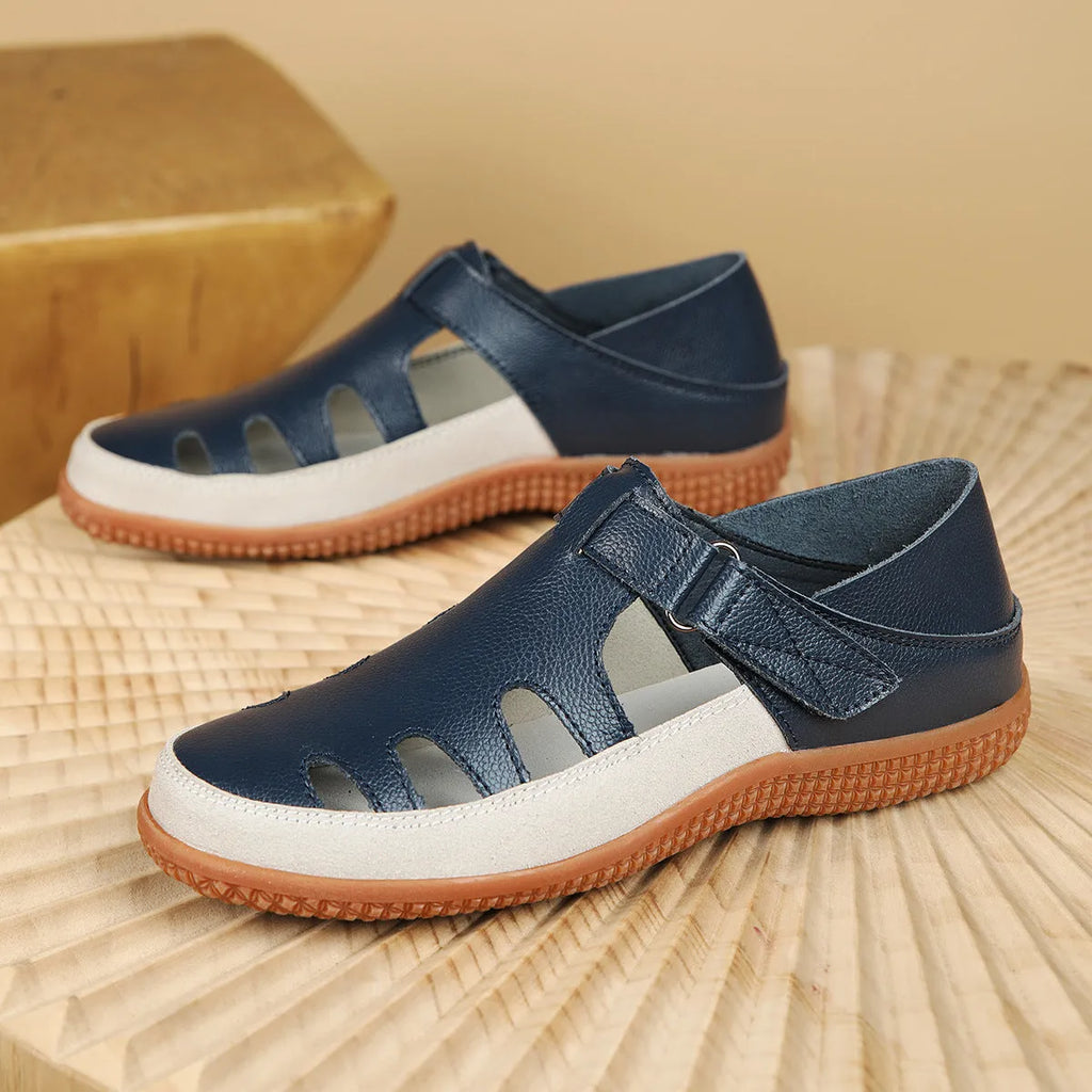 Plus size women's flat heel sandals with toe cap and hollow breathable design in blue colour
