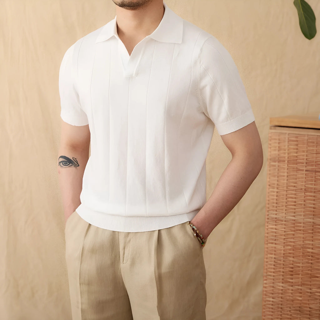 Men's purple cotton linen blend short sleeve polo shirt with seagull collar and sunken stripe knit pattern