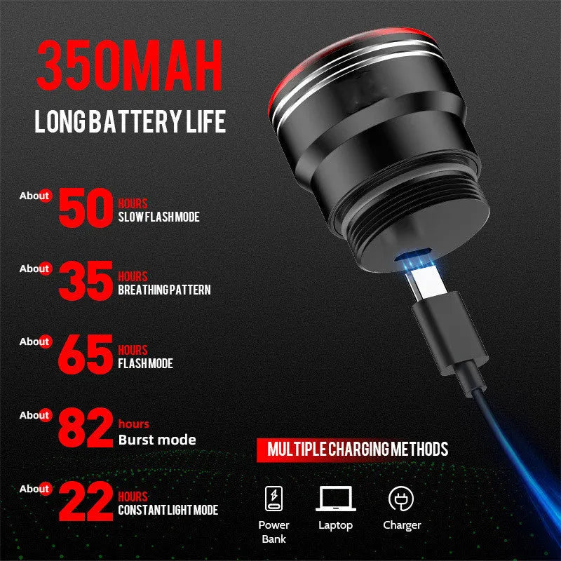 Black aluminium alloy smart brake sensing USB rechargeable bicycle taillight showing compact design.