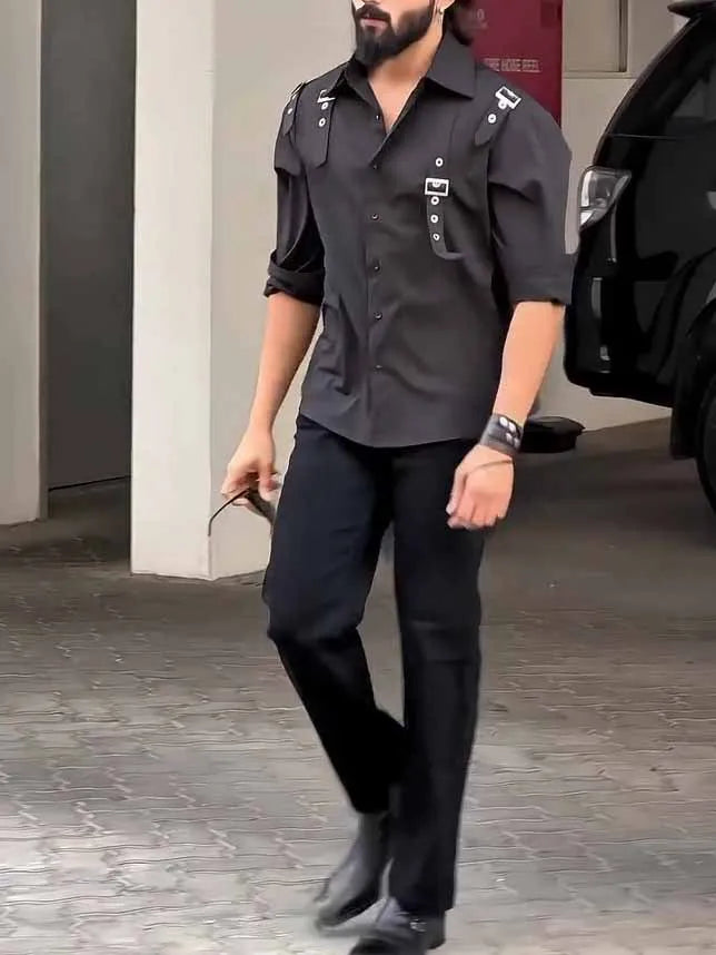 Men's black utility button-up shirt with regular fit styling on mannequin
