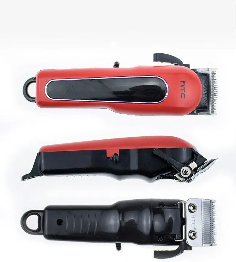 Professional digital electric hair clipper in black, red, or white with four limiting combs and accessories.