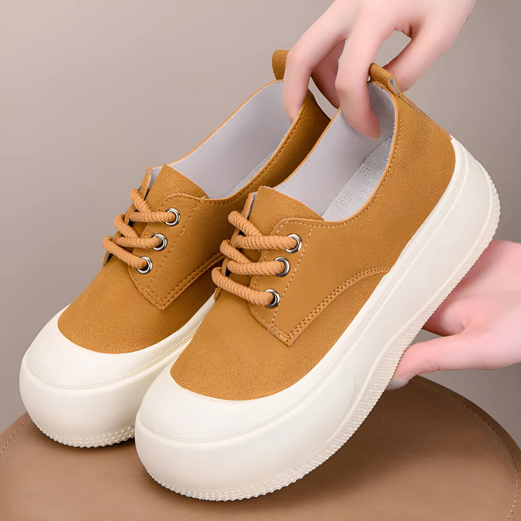 Women's beige suede platform loafers with lace-up front and round toe on a flat 4CM rubber sole.