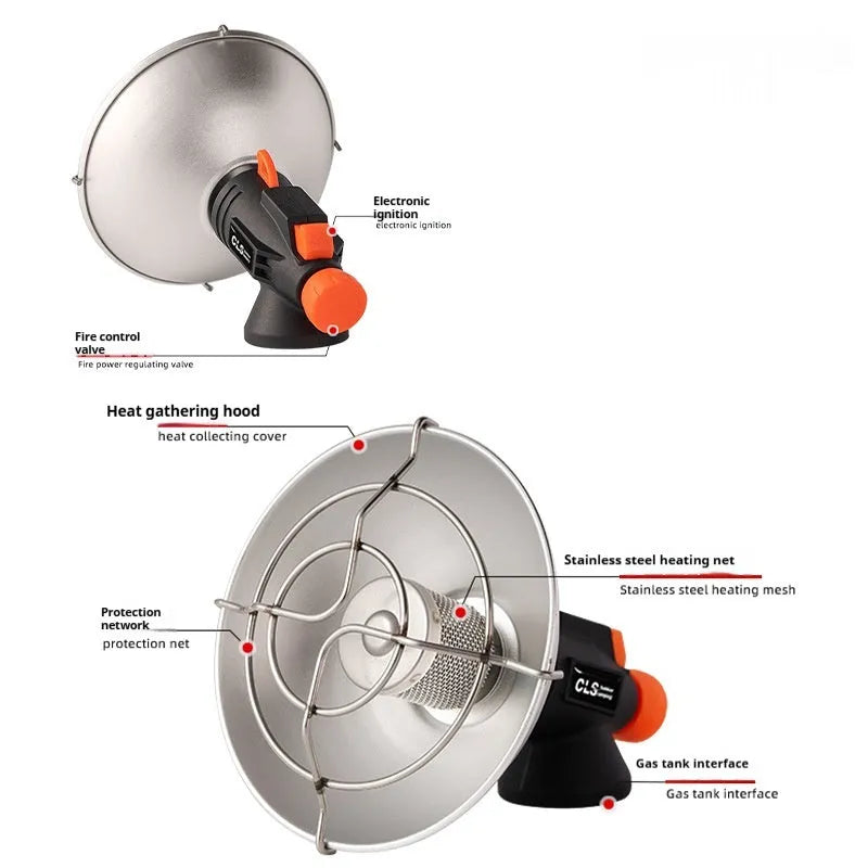 Black and orange portable outdoor heating stove with automatic press ignition for camping