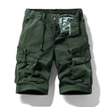Men's cotton multi-pocket shorts with zipper in army green, black, gray, and khaki colors