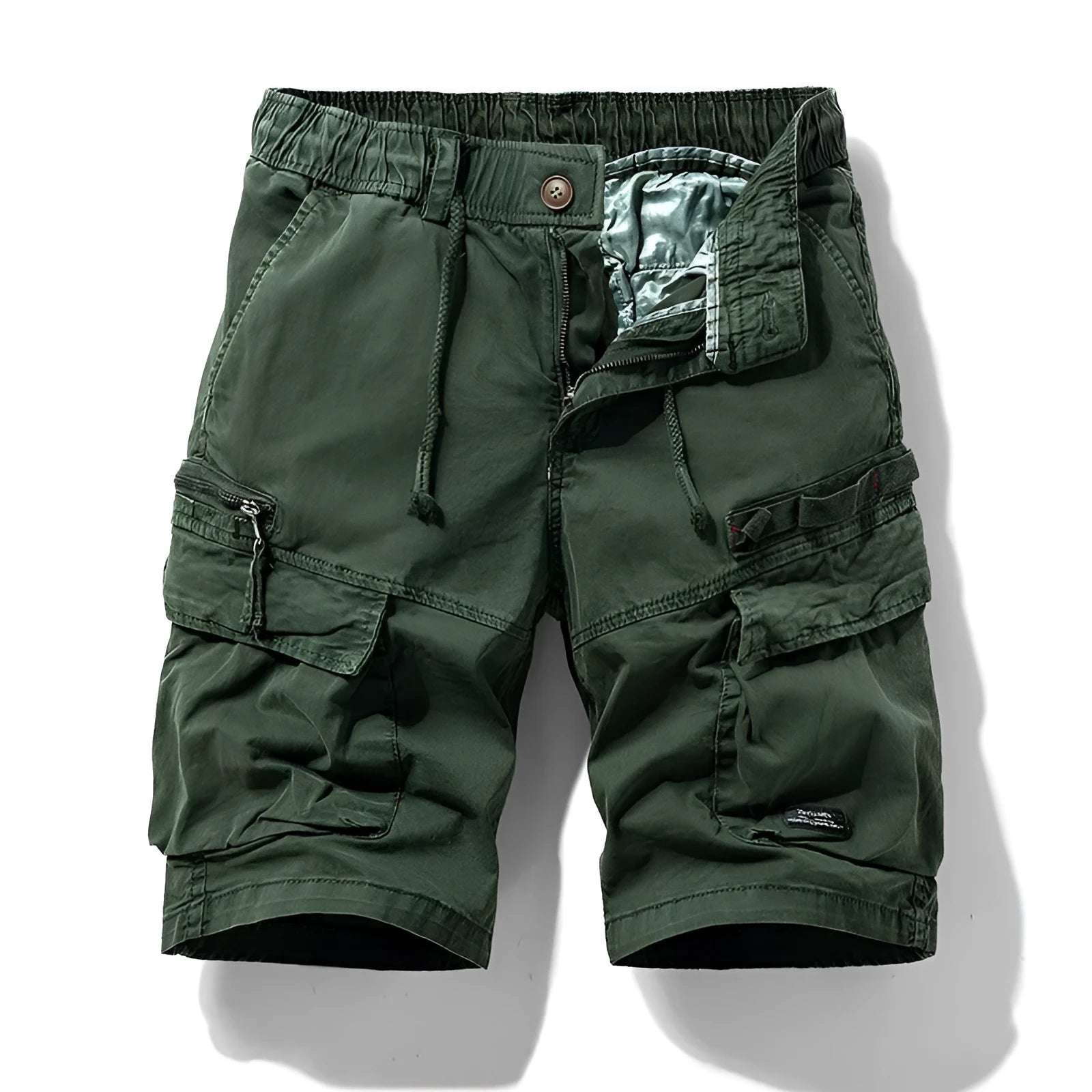Men's cotton multi-pocket shorts with zipper in army green, black, gray, and khaki colors