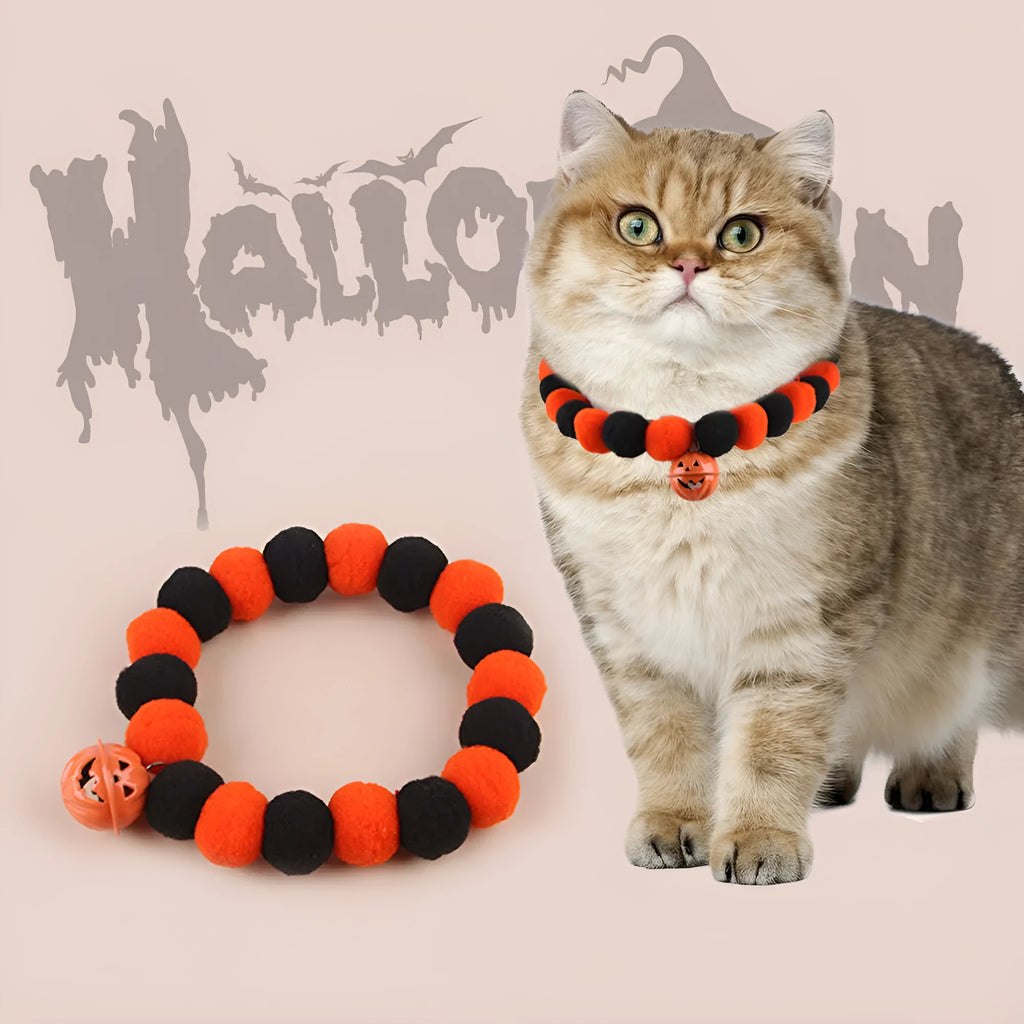Halloween pumpkin-themed cat collar with Trick or Treat text and adjustable buckle.