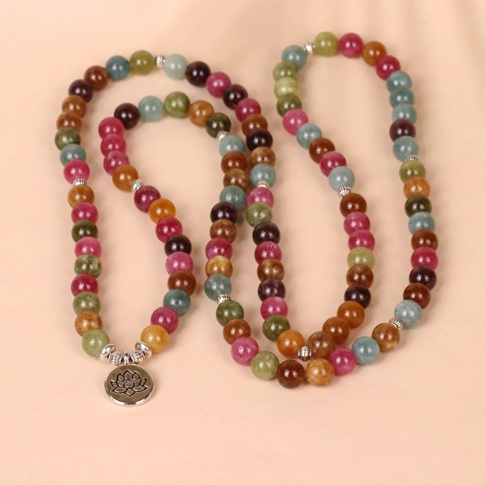 108 bead lotus bracelet in tourmaline colour with multi-layer hanging design and alloy construction