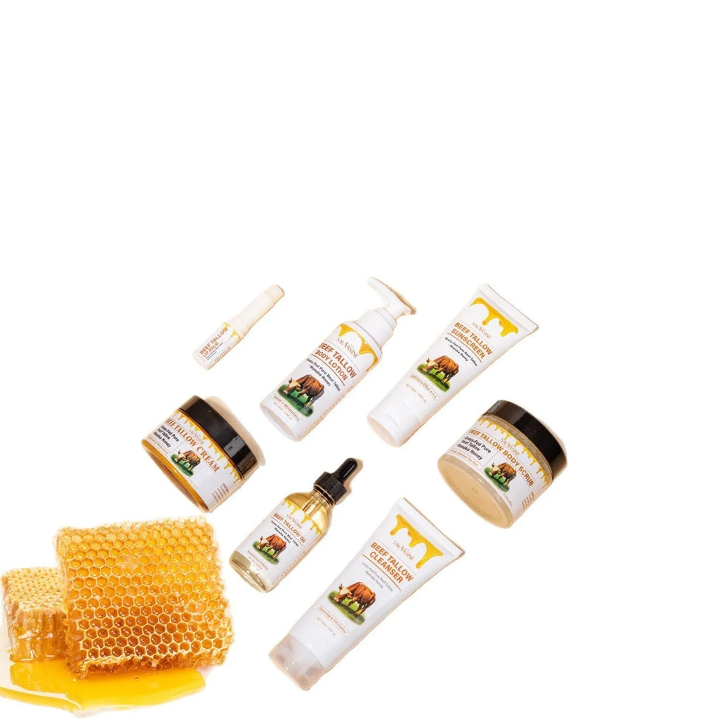 Butter Honey seven-piece skincare set with cleanser, cream, lotion, scrub, lip balm, protective cream and beef tallow