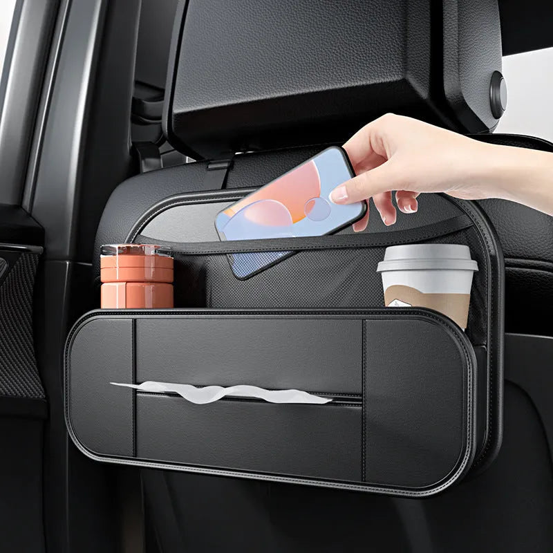 Black leather car seat rear storage bag showing dimensions and customisable pockets.