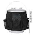Black cylindrical polyester storage bag hanging from buggy attachment, compatible with 5 gallon barrel