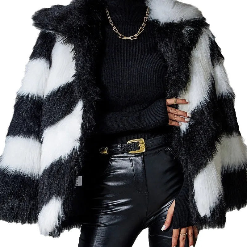 Picture colour faux fur coat with contrast lapel and fur collar, normal length.