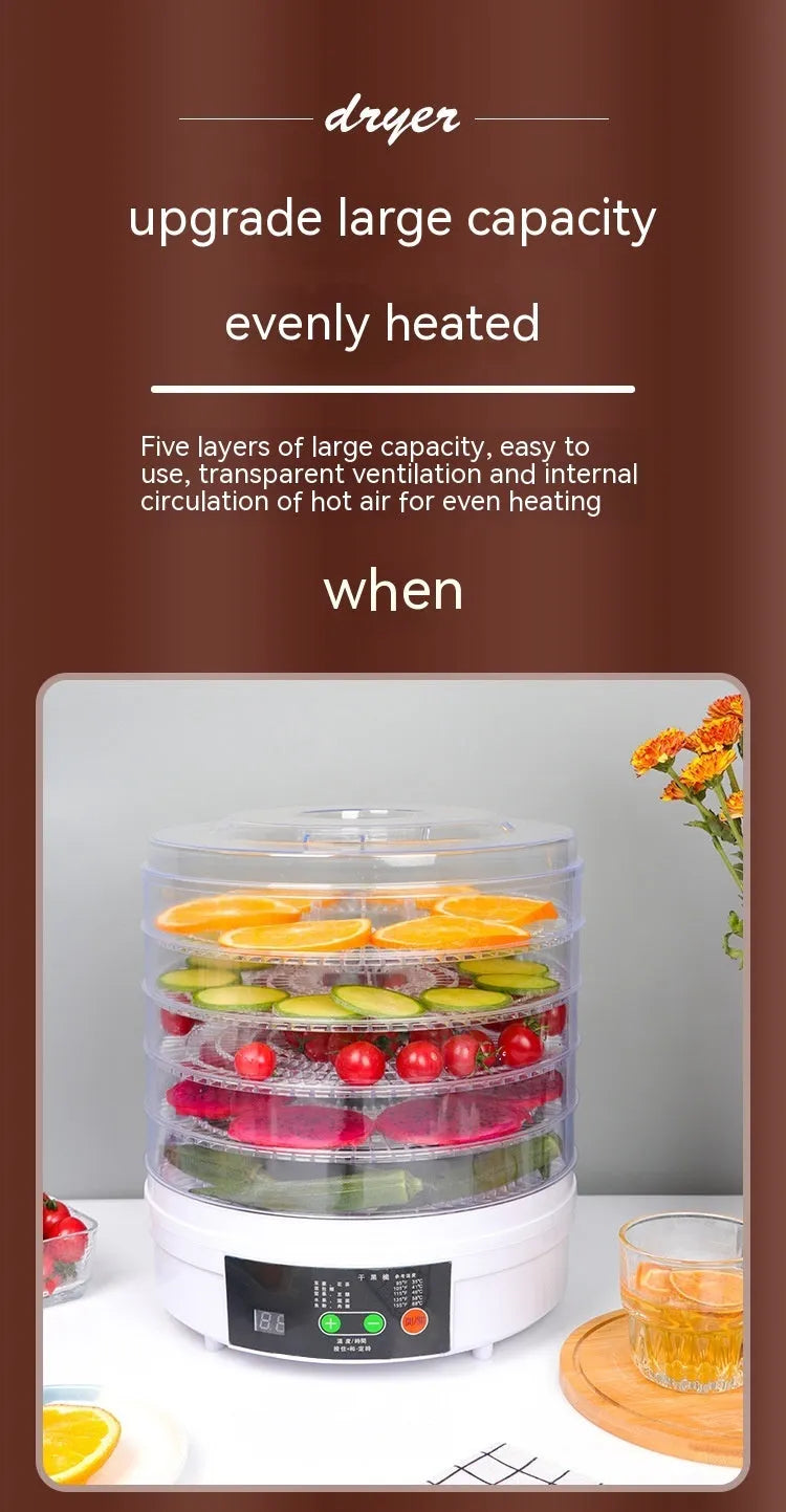 Five-layer household food dehydrator with seven mesh drying trays and multiple plug options