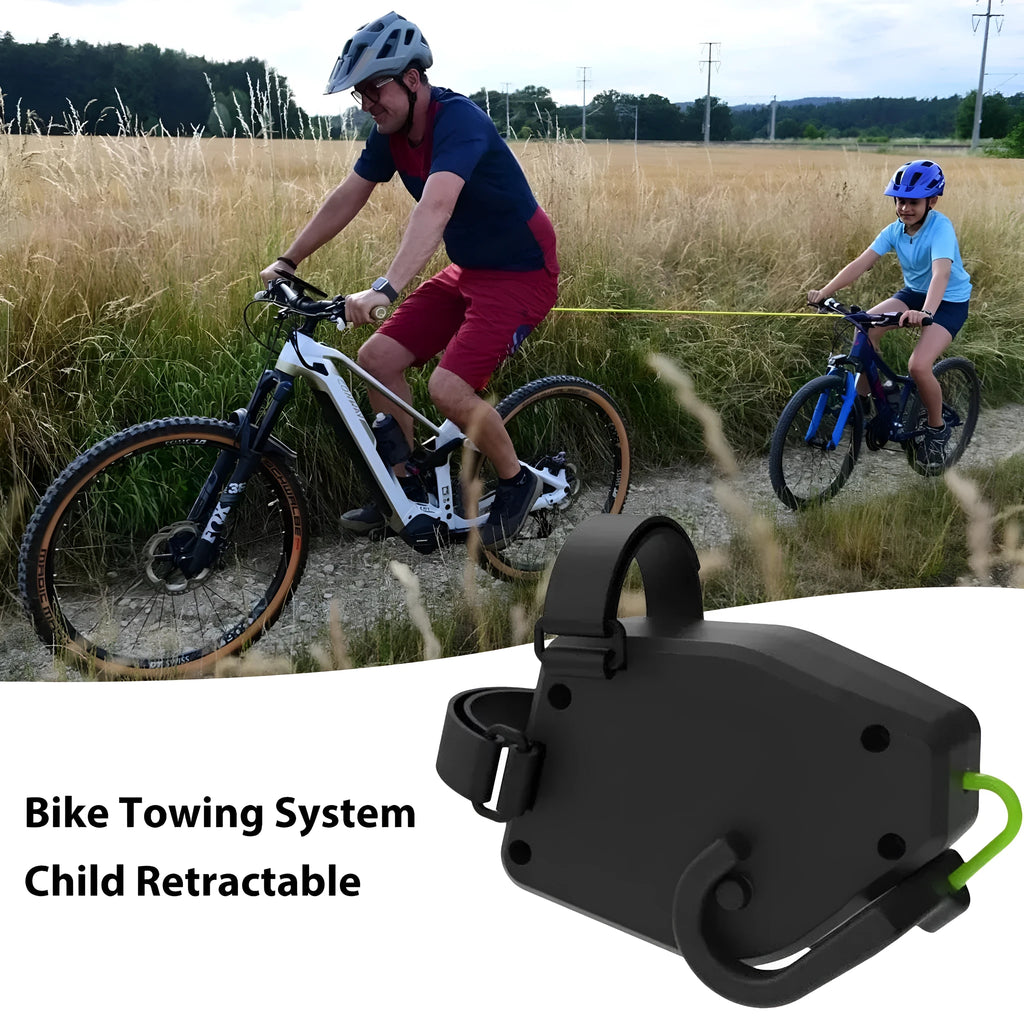Black plastic resin bicycle trailer rope with universal attachment clips for child bike trailers