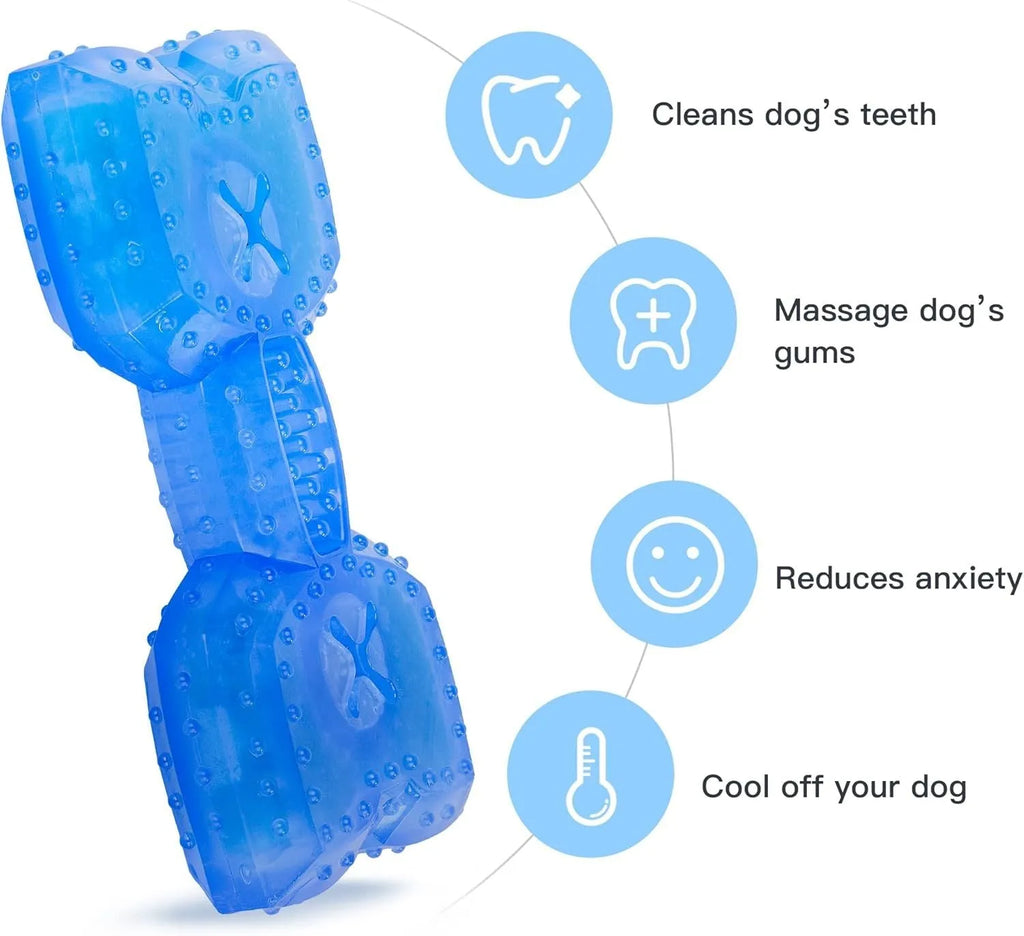 Freezable bone-shaped and circle-shaped dog chew toy for cooling and teething relief.