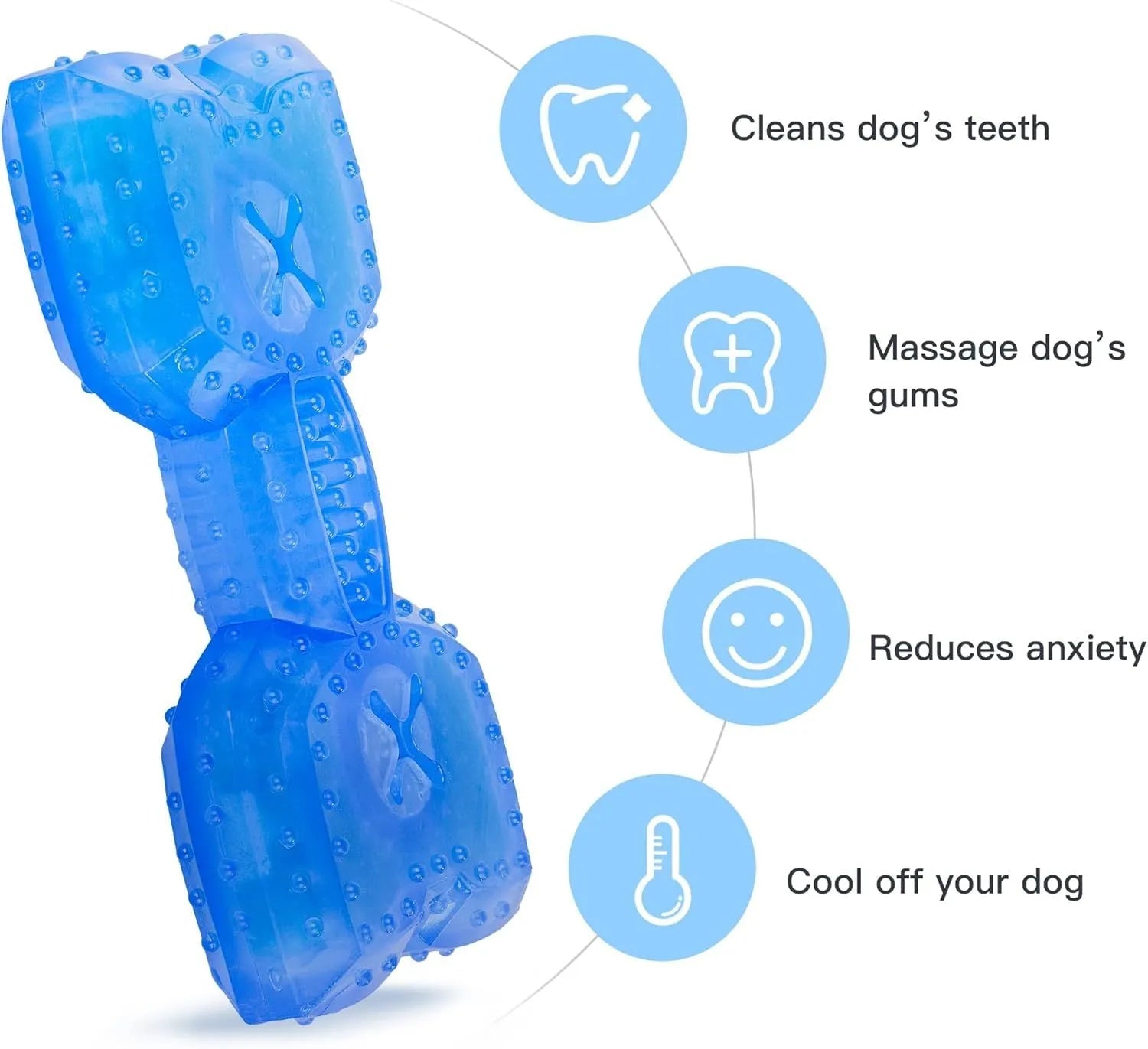 Freezable bone-shaped and circle-shaped dog chew toy for cooling and teething relief.