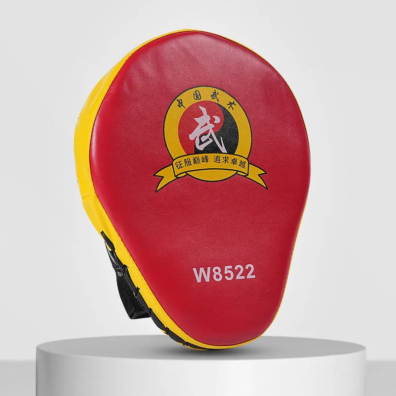 Boxing punch mitts hand target for Sanda and Muay Thai training in red, black, blue, and yellow colours.