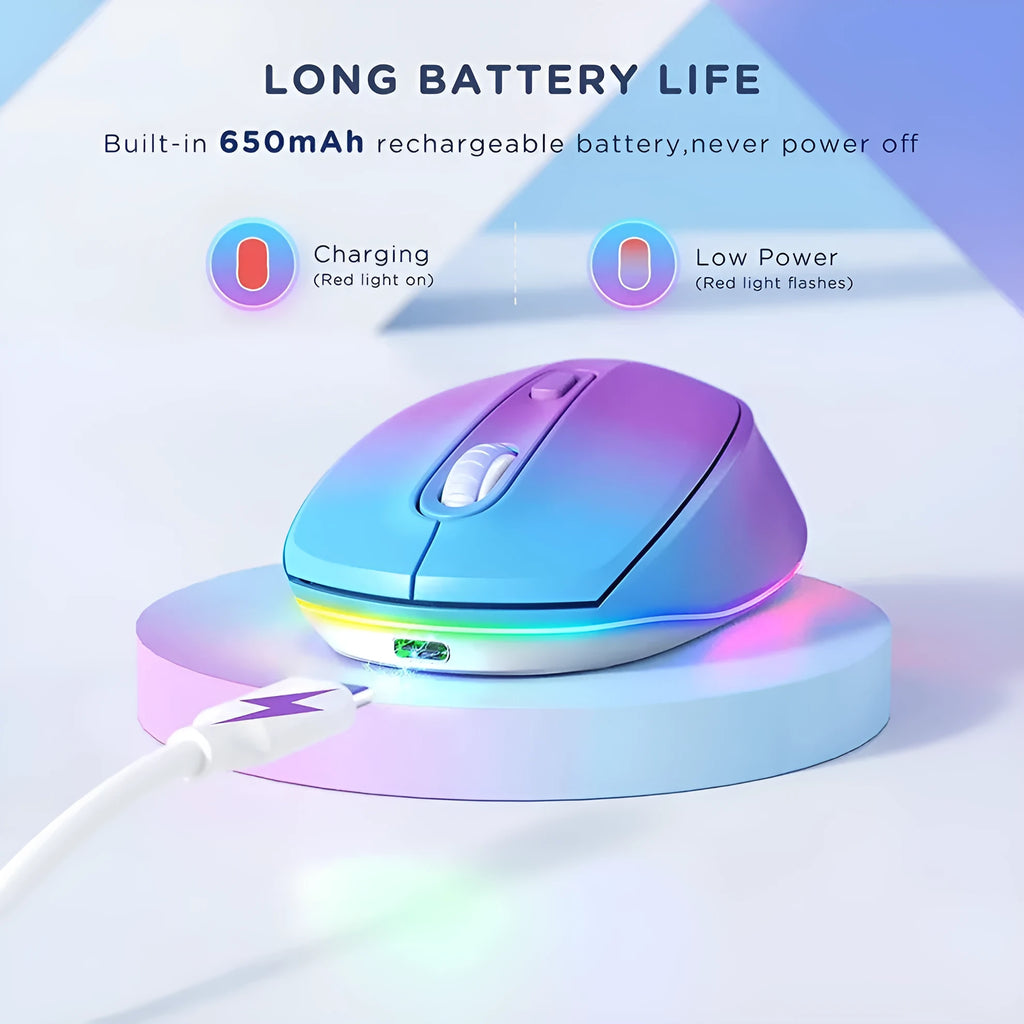 Lightweight wireless mouse for laptops in blue, showing ergonomic shape and USB charging cable.