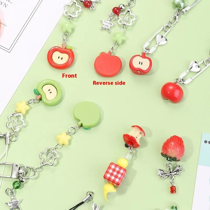 Fruit pattern plastic resin mobile phone charm keychain with rope attachment for iPhone cases