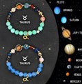 Two natural stone beaded bracelets showing zodiac sign designs