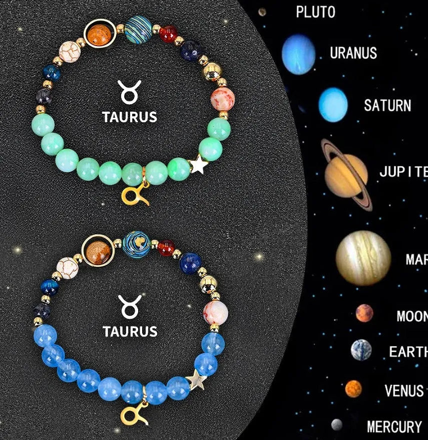 Two natural stone beaded bracelets showing zodiac sign designs