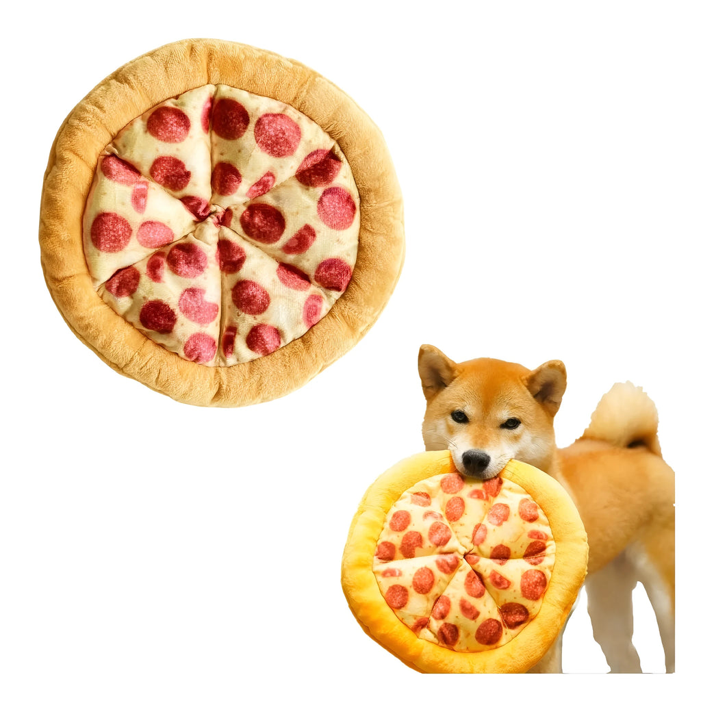Yellow teddy toy pizza dog chewing toy with grinding teeth and squeaky features