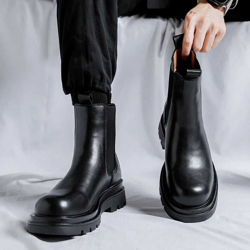 Chelsea men's high-top smoke pipe Martin boots in imitation leather with rubber sole and sewing thread detail