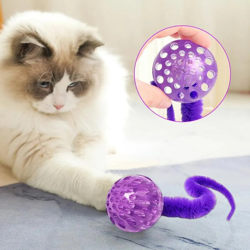 Interactive cat ball toy with flexible plush tail attached to bouncy TPR ball