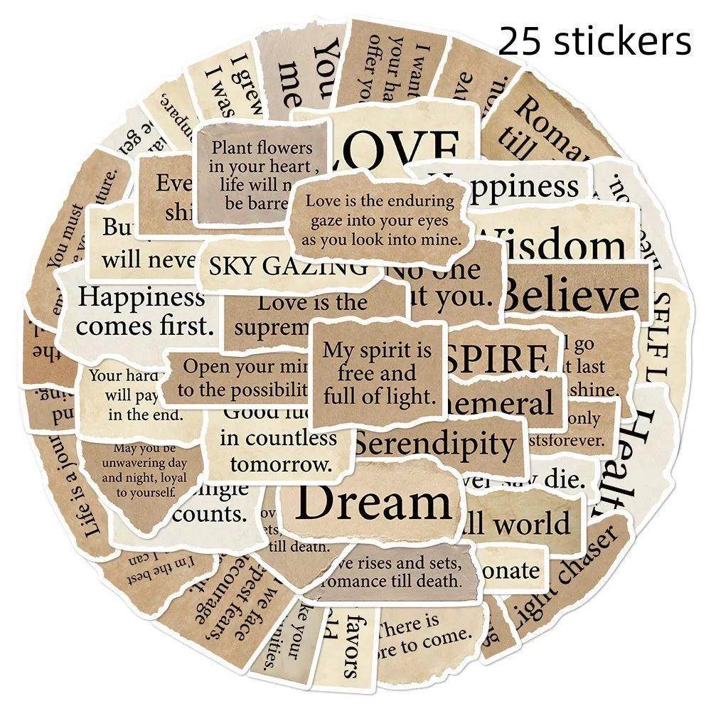 Pack of 25 torn English style PVC waterproof decorative stickers for laptops and notebooks measuring 4-7cm