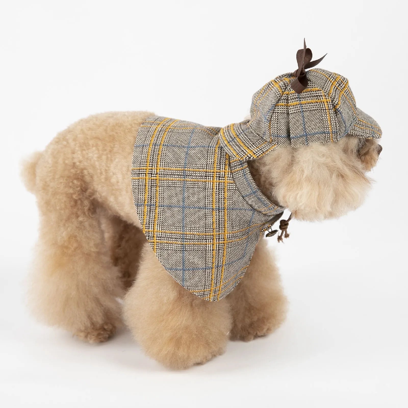 Camel coloured cotton pet cloak with adjustable hat shown in multiple sizes
