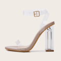 Women's apricot heeled sandals with clear glass heels and buckle closure