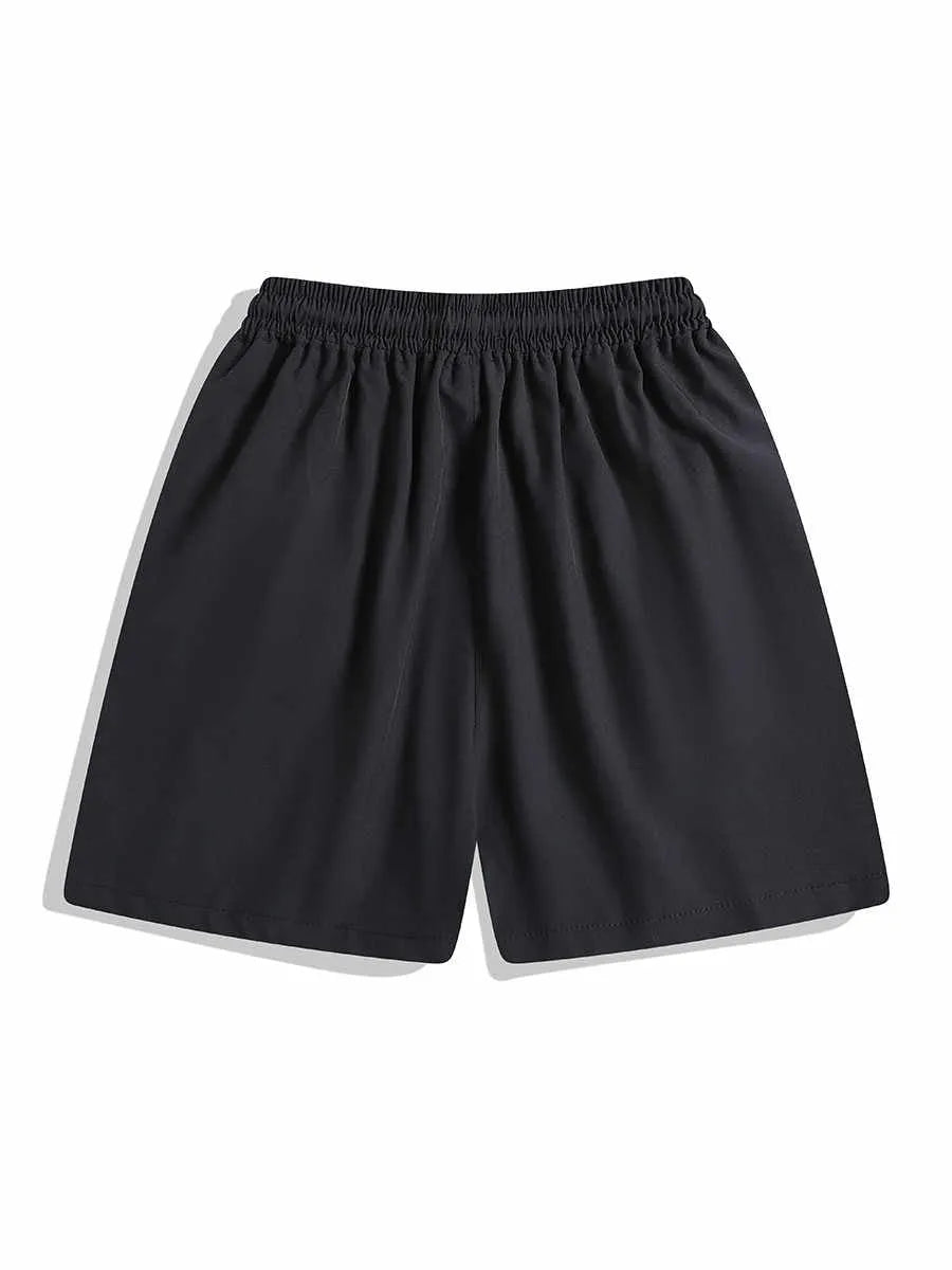 Men's black quick-drying sports shorts with elastic waistband and straight-leg loose fit