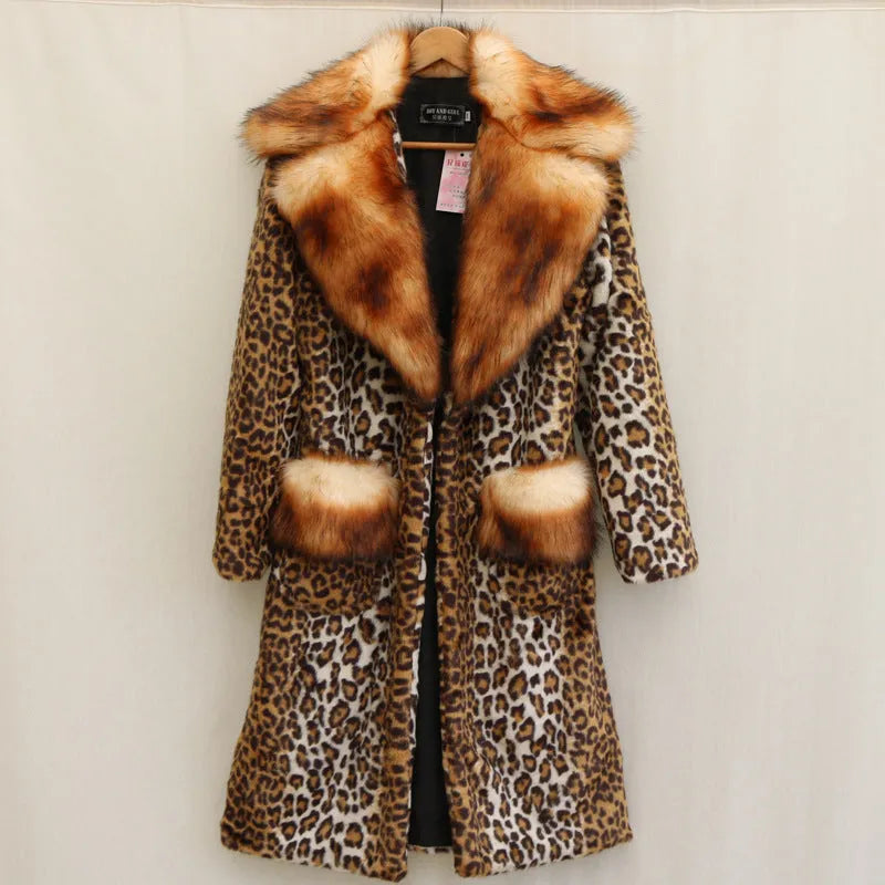 Women's long leopard print artificial fur jacket on hanger, showing regular sleeves and full length.