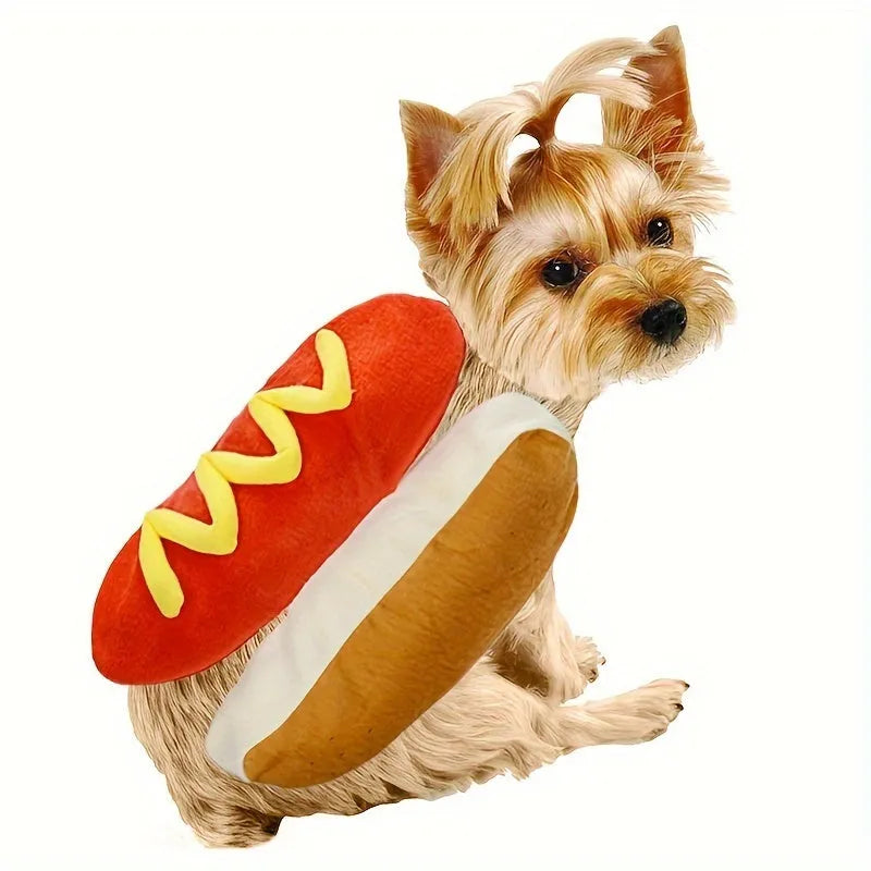 A dog wearing a plush hot dog costume with a back hook and loop closure.