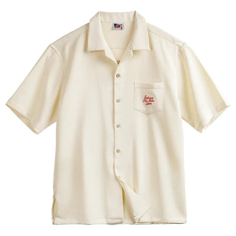 Light apricot men's Cuban collar shirt with bamboo plant pattern design