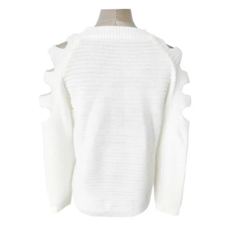 Grey women's knitted shirt with hollow-out crochet pattern, round neck and long sleeves.