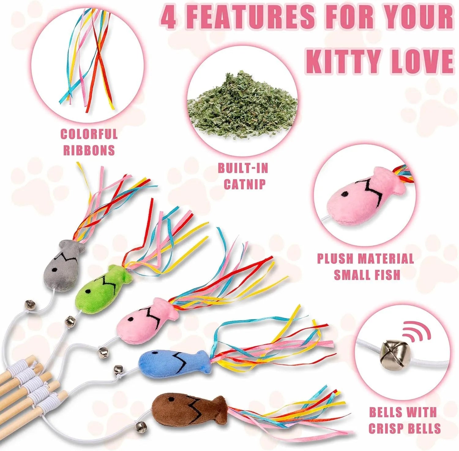 Cat wand toy with colourful ribbons, catnip fish, bell, and wooden handle for interactive play