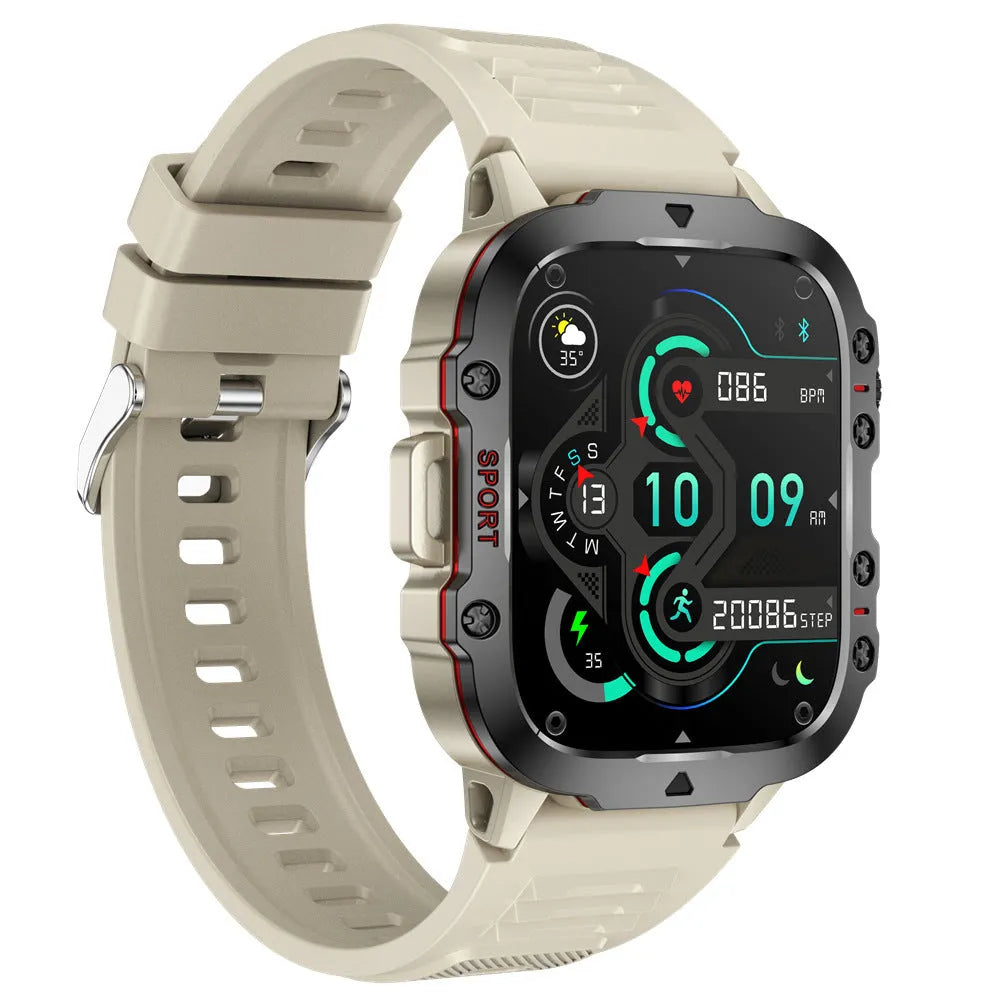 QX11 smartwatch with 50mm touch screen showing heart rate and step count display on wrist.