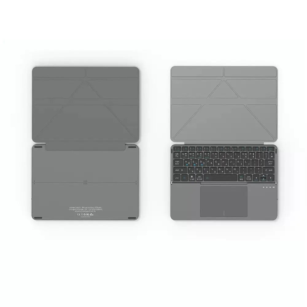 Grey folding Bluetooth keyboard shown both open and closed, next to mobile phone