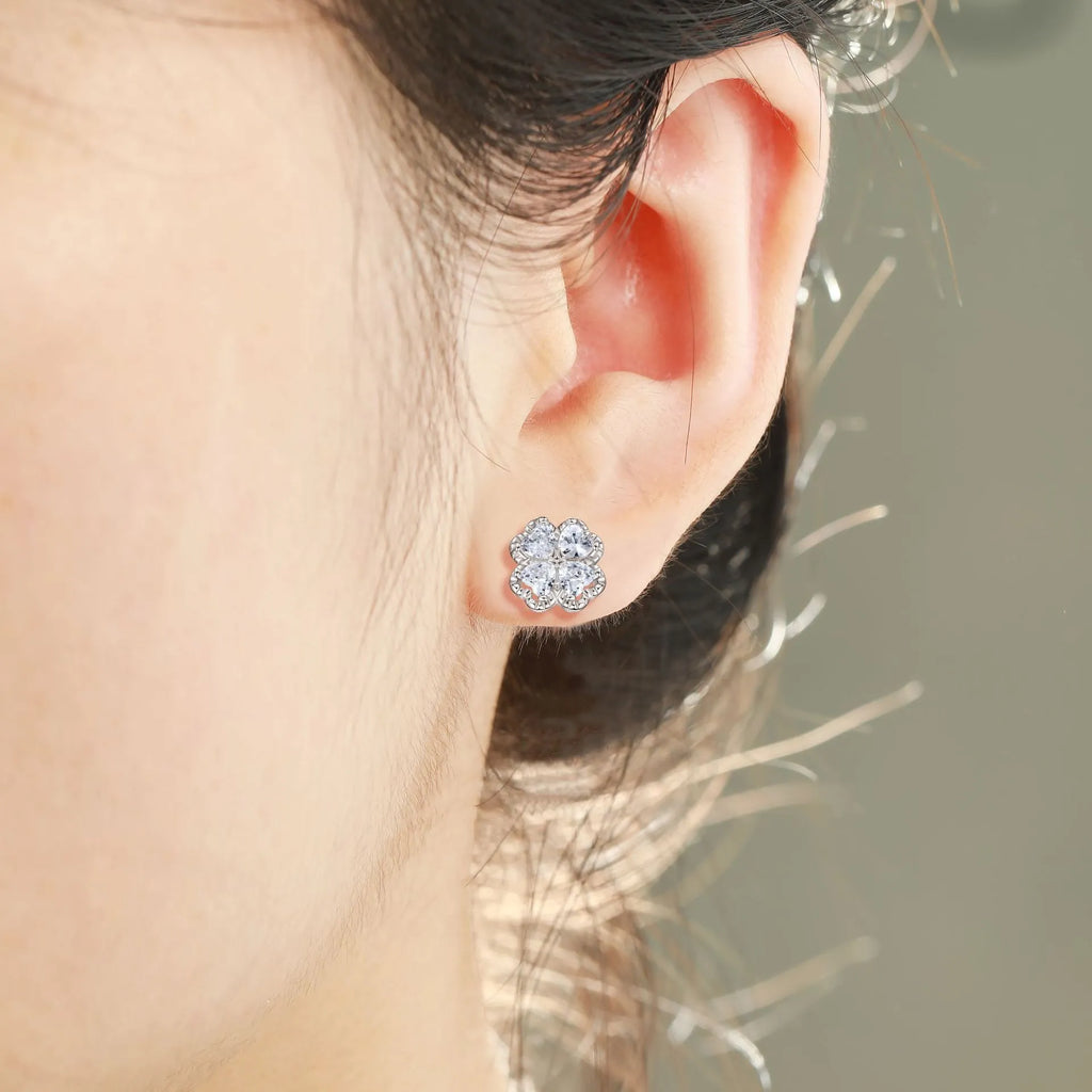 Women's 925 silver zircon earrings with four-leaf clover and heart design in white gold colour