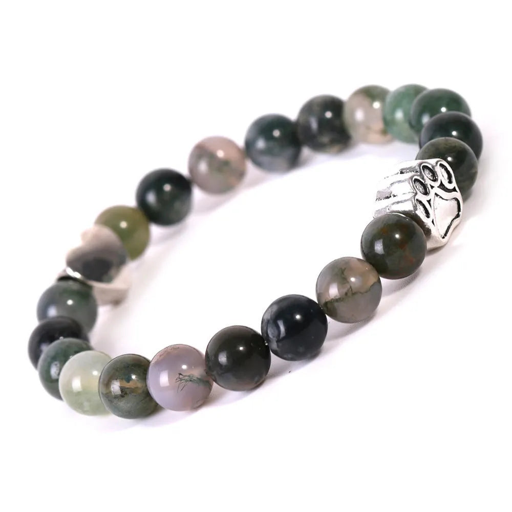 Indian Agate stone Dog's Paw bracelet with geometric Tigereye design and heart shape on round beads.