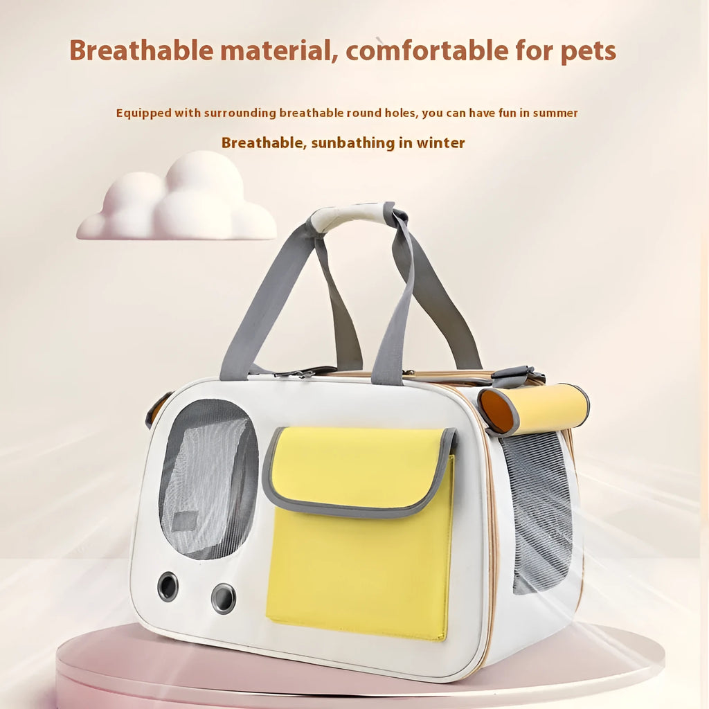 Foldable single shoulder pet backpack in black canvas with large capacity for cats and small dogs