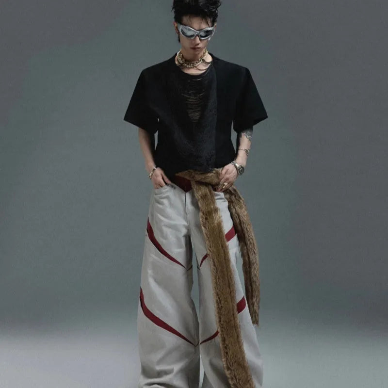 Men's black polyester t-shirt with V-neck hollow out design and loose fit