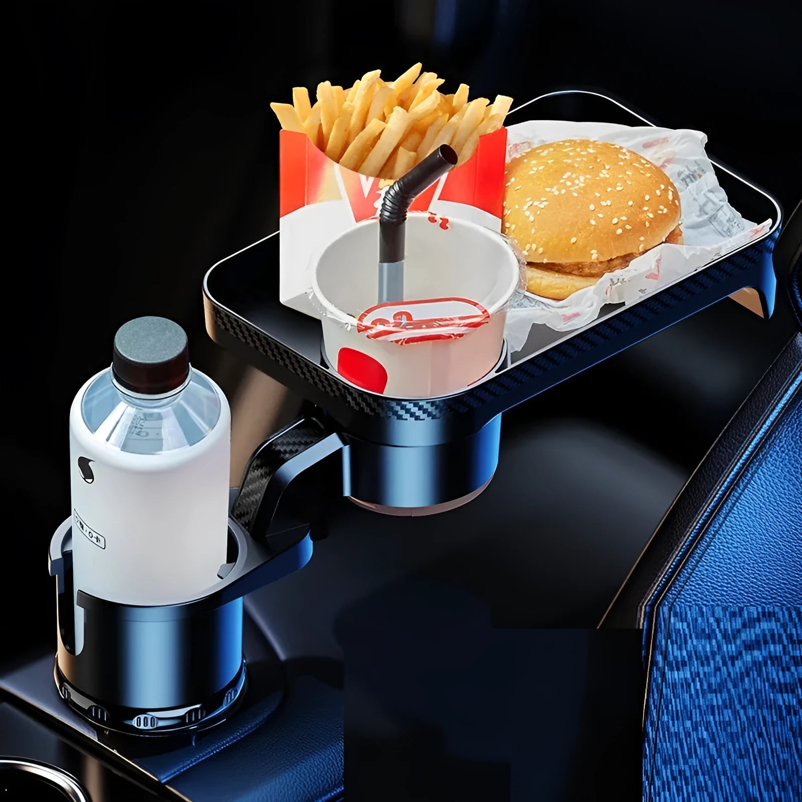 Black car-mounted rotating dinner tray holder showing 360-degree rotation mechanism