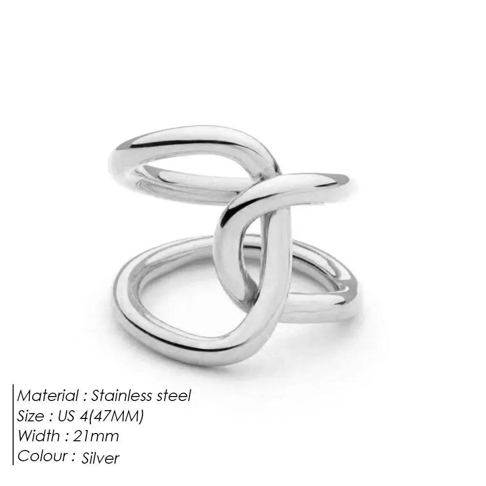 Women's adjustable knotted ring with geometric U-shape in stainless steel gold or silver colour