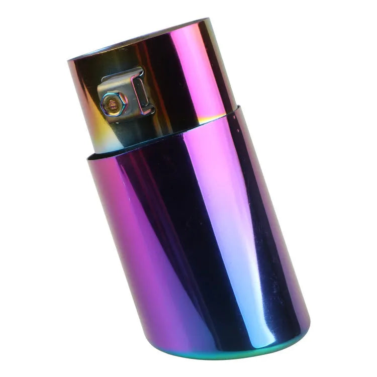 Stainless steel car modification exhaust tailpipe in bright silver and baked blue finishes.